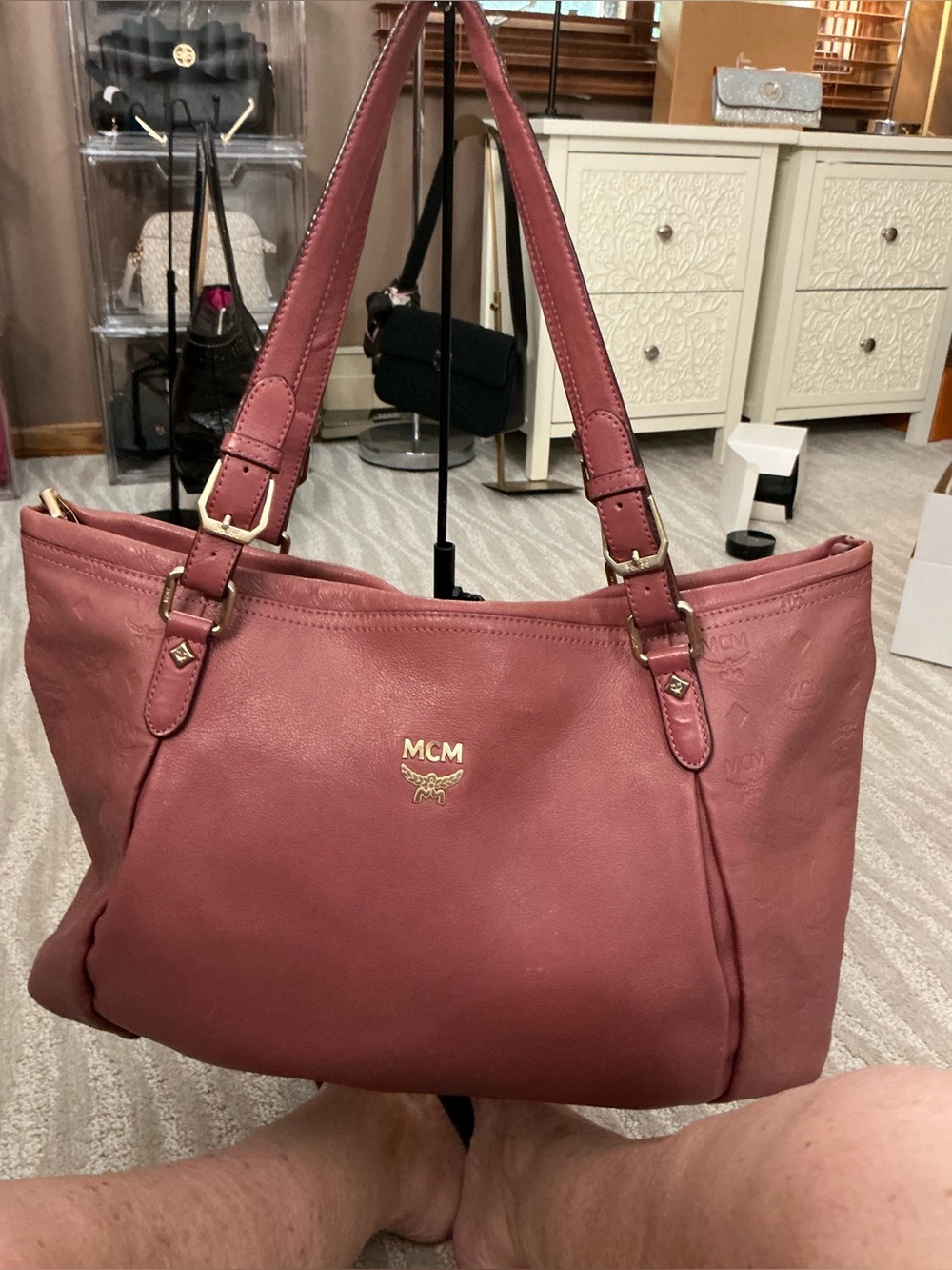 MCM Burgundy Oxblood Leather Shopper Tote Embossed Visetos Monogram Bag